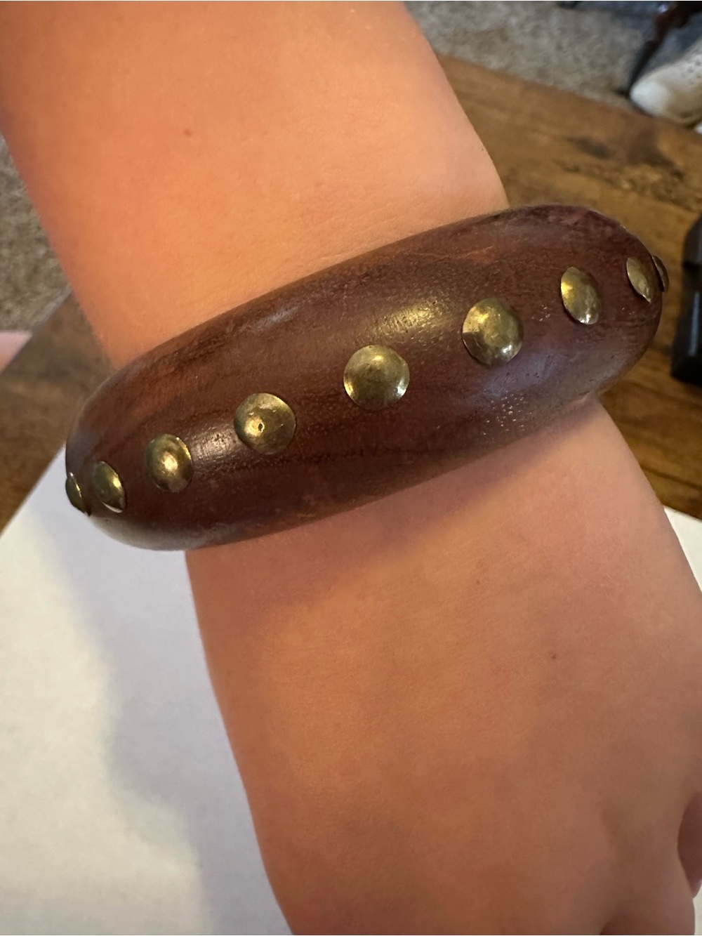 Wooden Chunky Bangle Bracelet with brass studs in Warm Brown